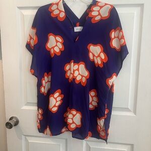 Adrienne Purple Floral-Print Silk Tunic with White & Orange Motif